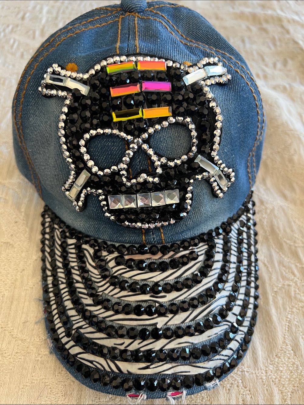 Embellished Blue Denim  Skull Cap with Black Rhinestones